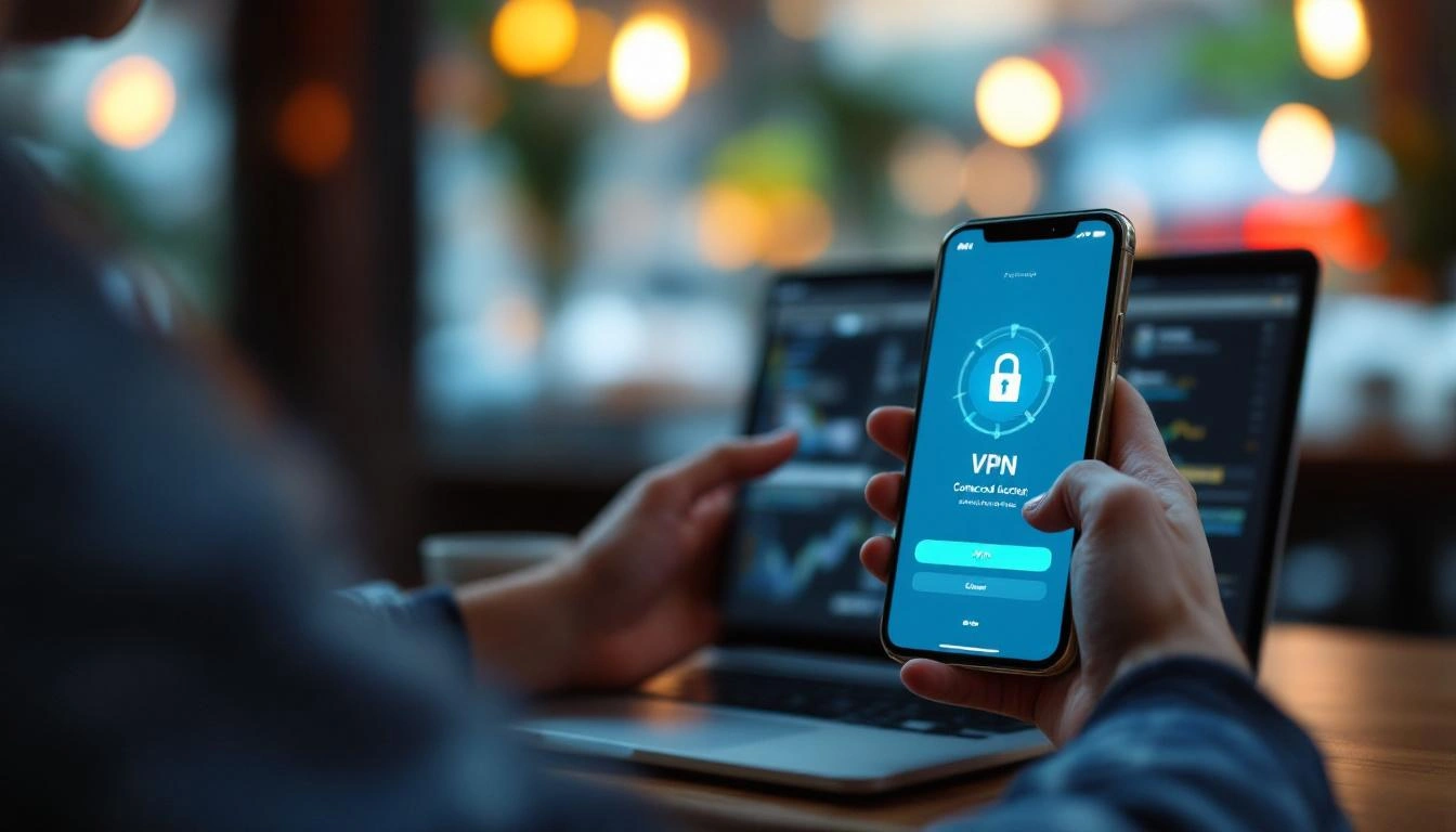 Person using VPN on phone in cafe