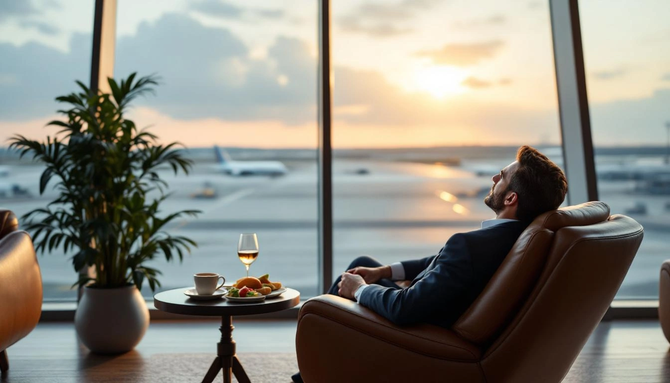 Travelers relaxing in an airport lounge