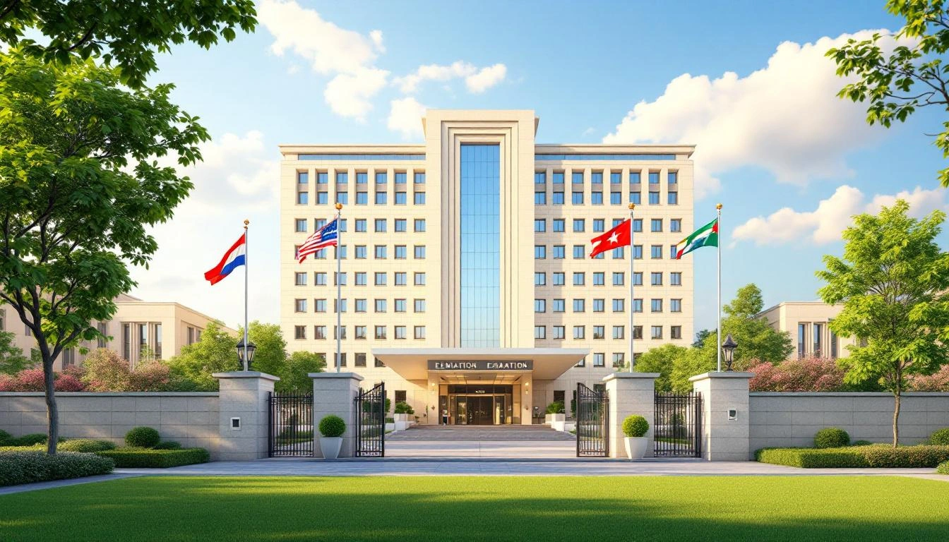 Embassy building exterior with national flags