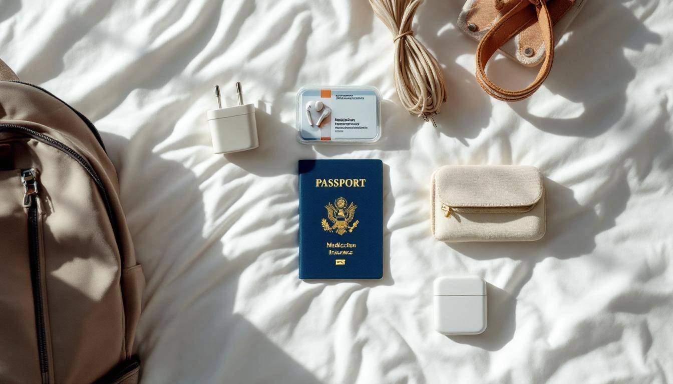 Travel essentials flat lay