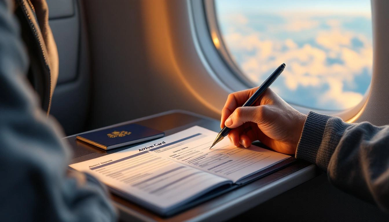 Filling out an arrival card before landing
