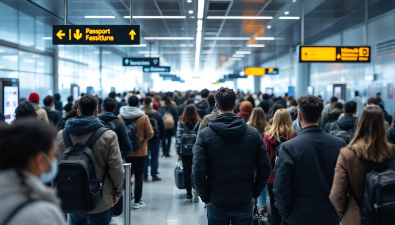 Passengers queuing at immigration control