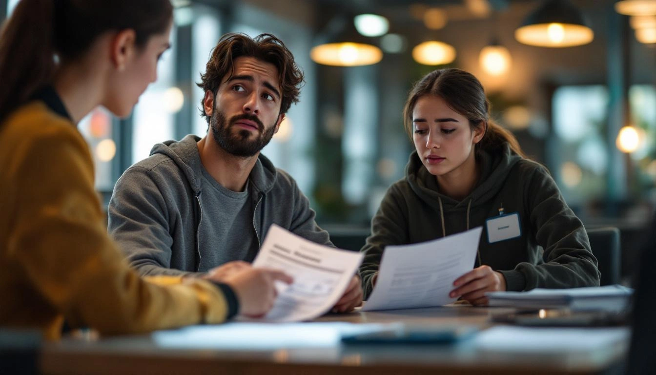 大使館でパスポート紛失の相談をする旅行者