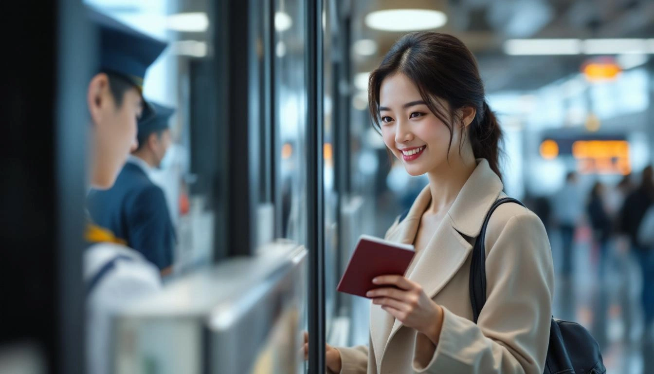 入国審査のパスポートコントロールに並ぶ旅行者